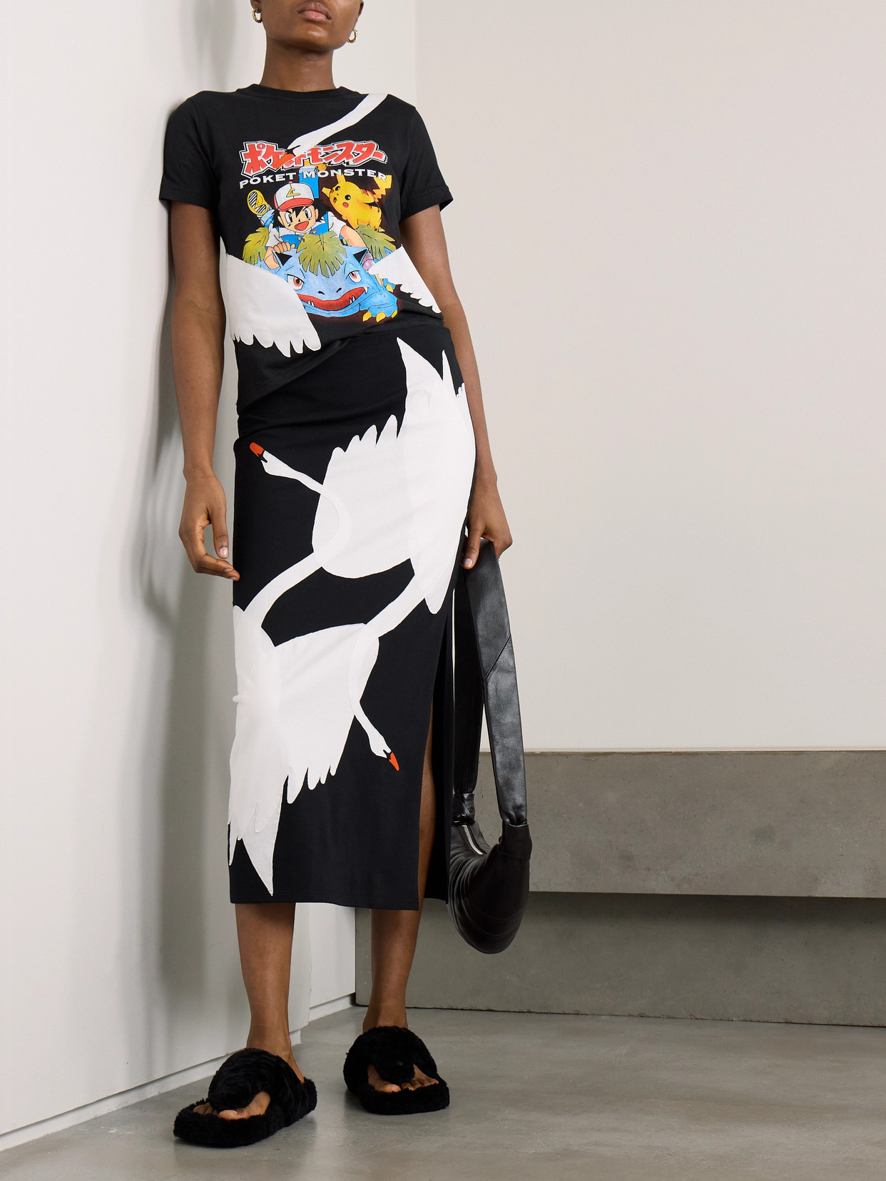 Conner Ives Swan Appliquéd Printed Cotton-jersey T-shirt In Black