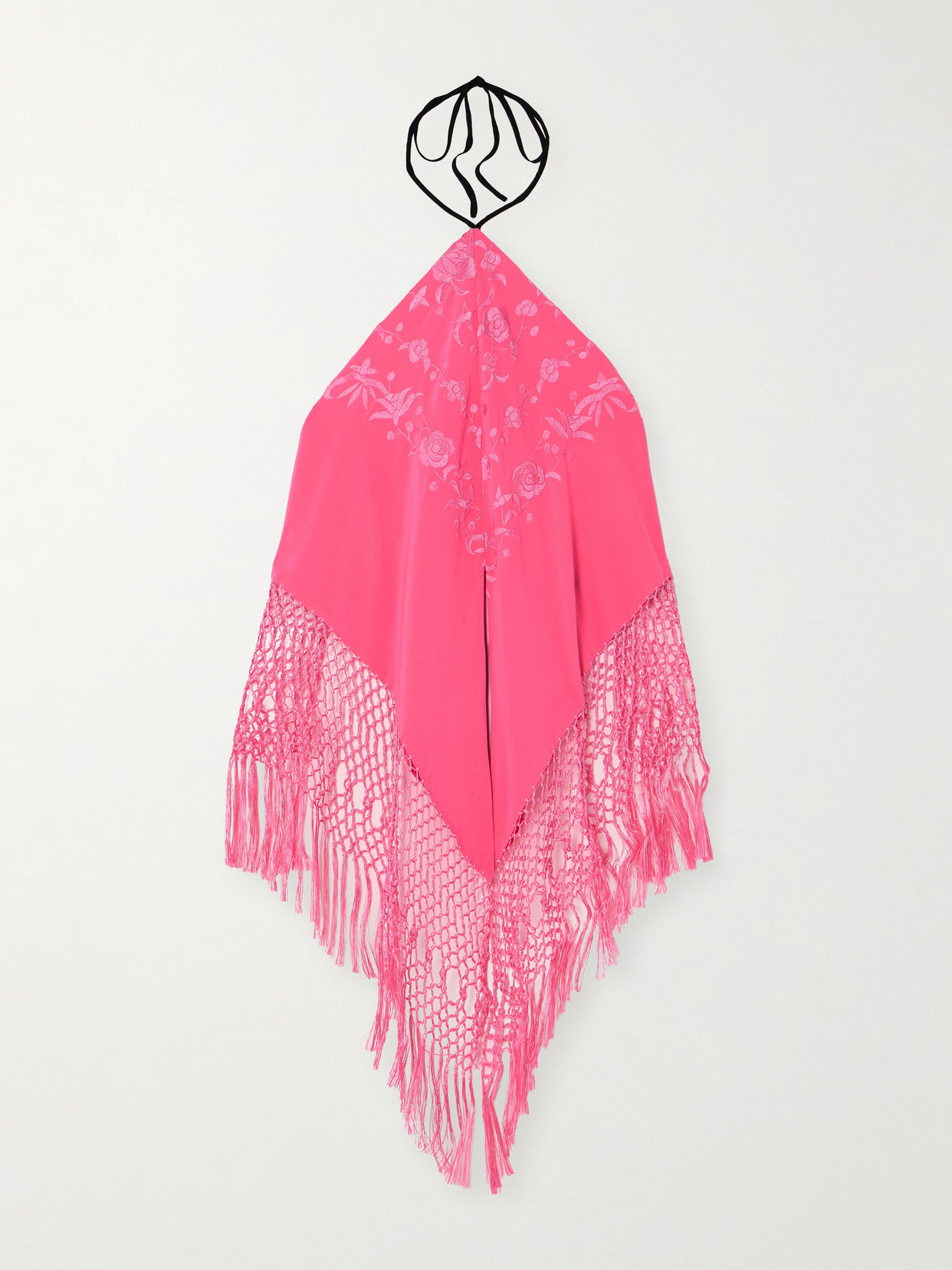 Conner Ives Ano Fringed Macramé-trimmed Embroidered Silk-crepe Halterneck Top In Pink