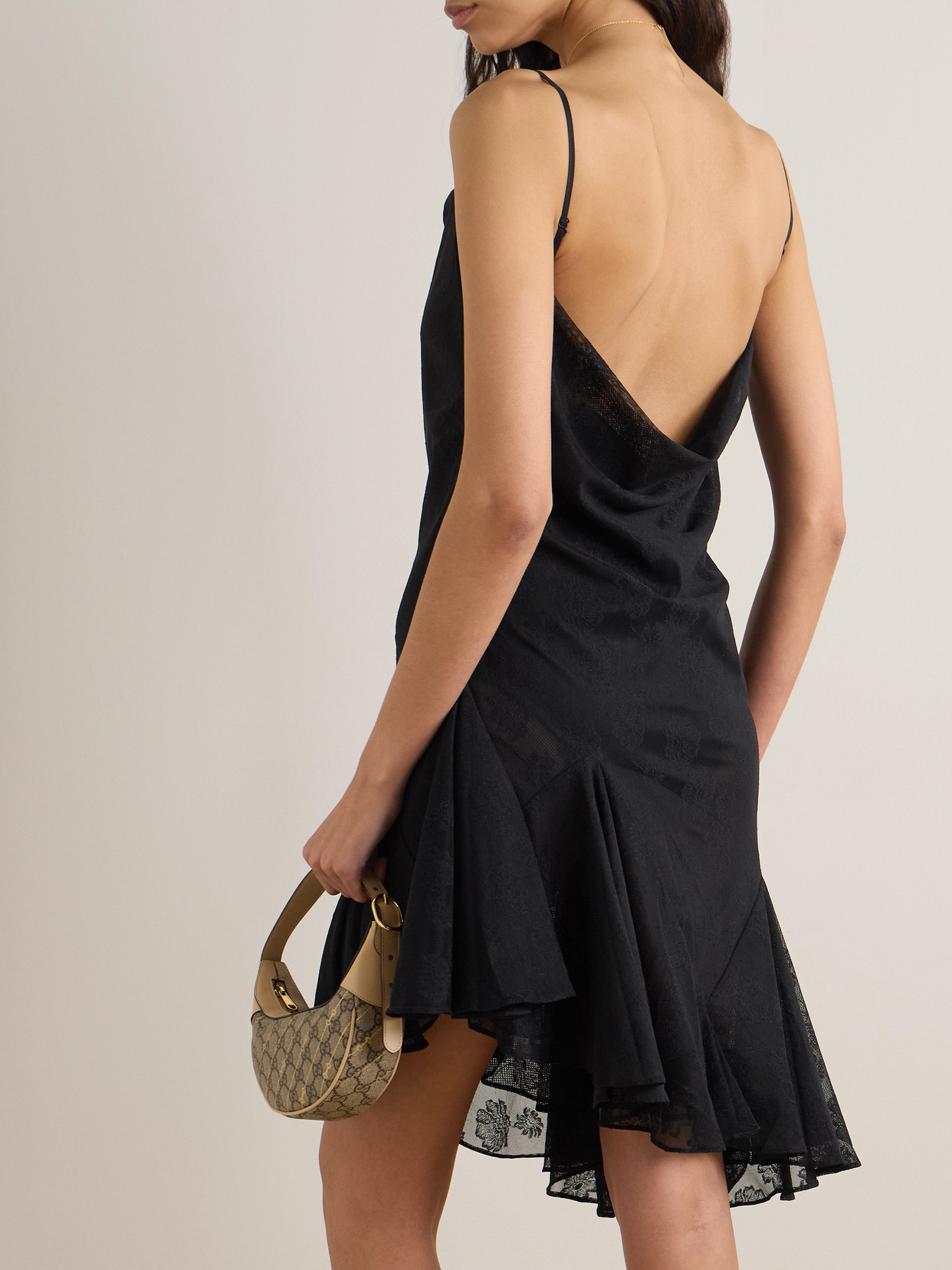 Conner Ives Asymmetric Ruffled Jacquard Mesh And Tulle Mini Dress In Black