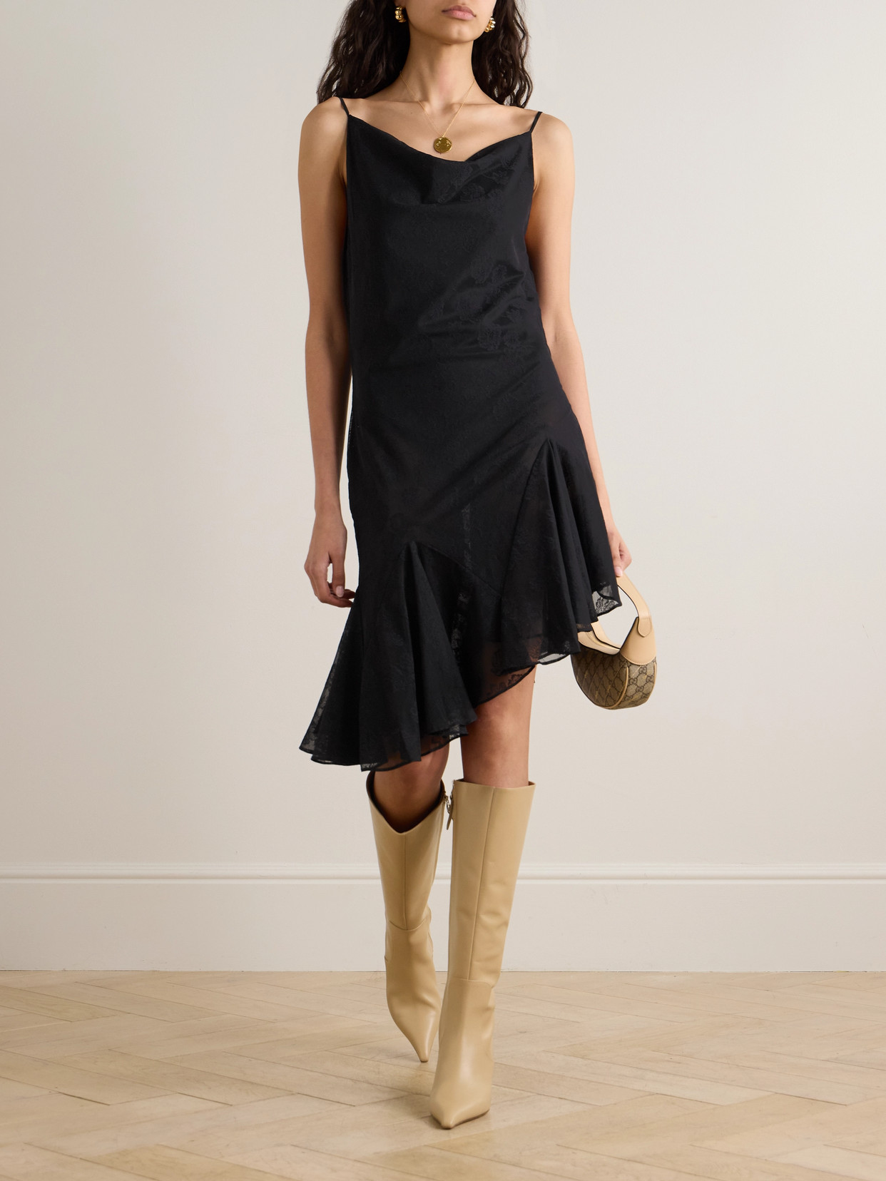 Conner Ives Asymmetric Ruffled Jacquard Mesh And Tulle Mini Dress In Black