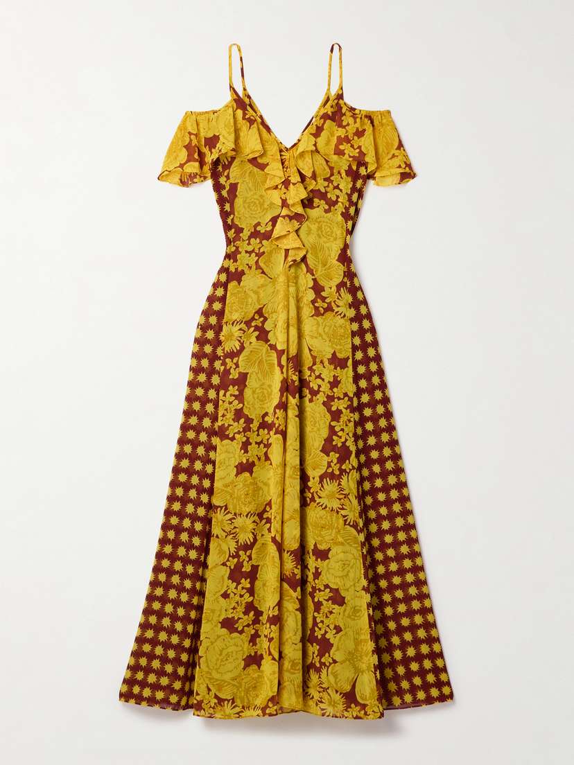 Diane von Furstenberg Aya Cold-shoulder Ruffled Printed Recycled Crepe De Chine Maxi Dress - x large