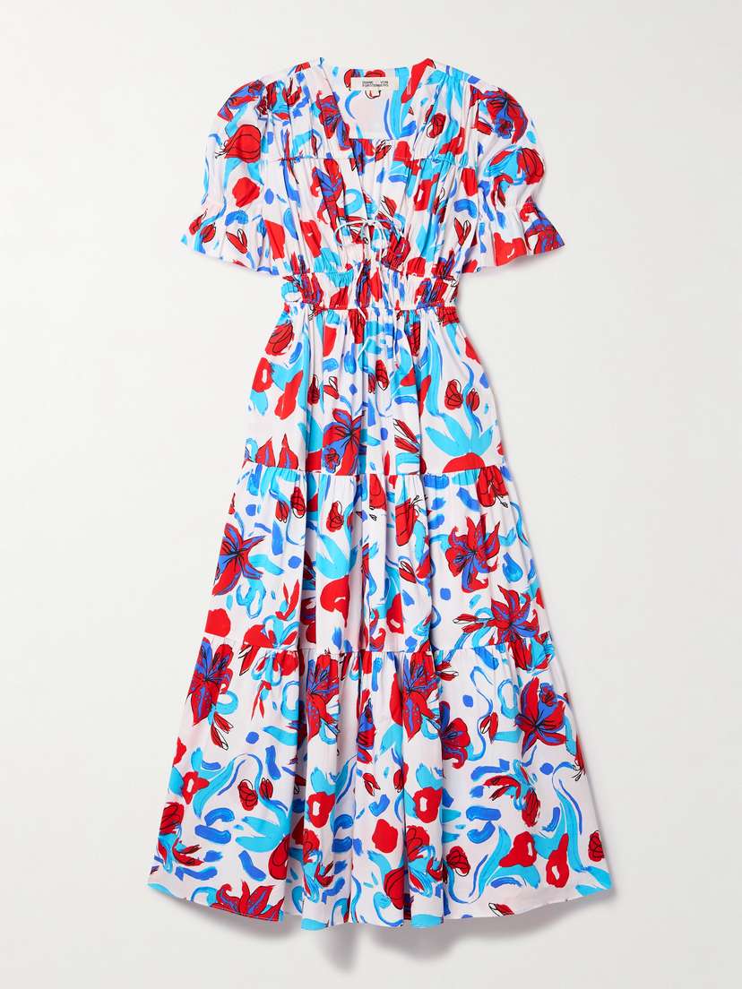 Diane von Furstenberg Avery Gathered Tiered Floral-print Cotton-blend Poplin Midi Dress - x large