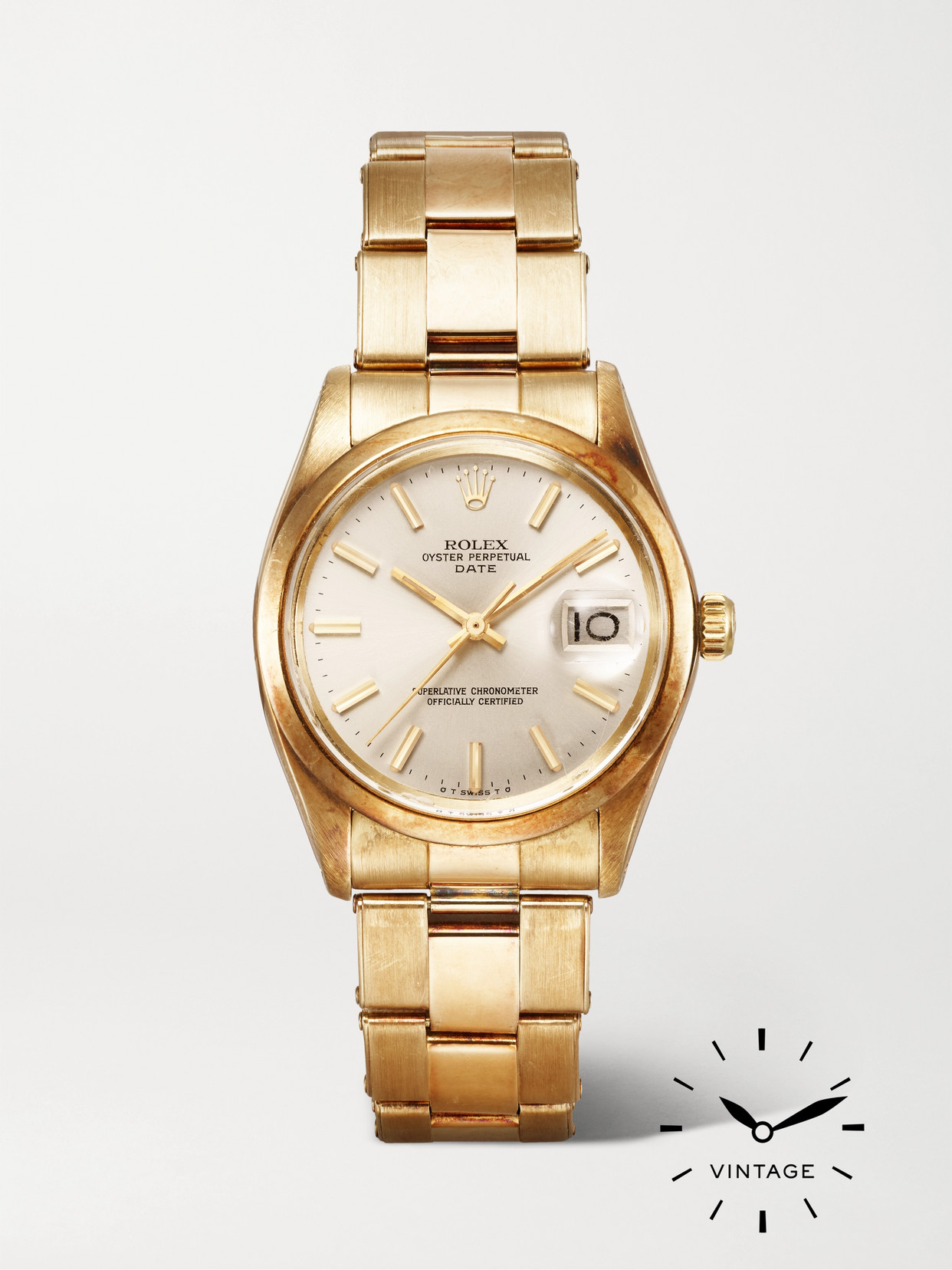 Rolex Vintage 1981 Oyster Perpetual Date Automatic 34mm 14-karat Gold Watch In White