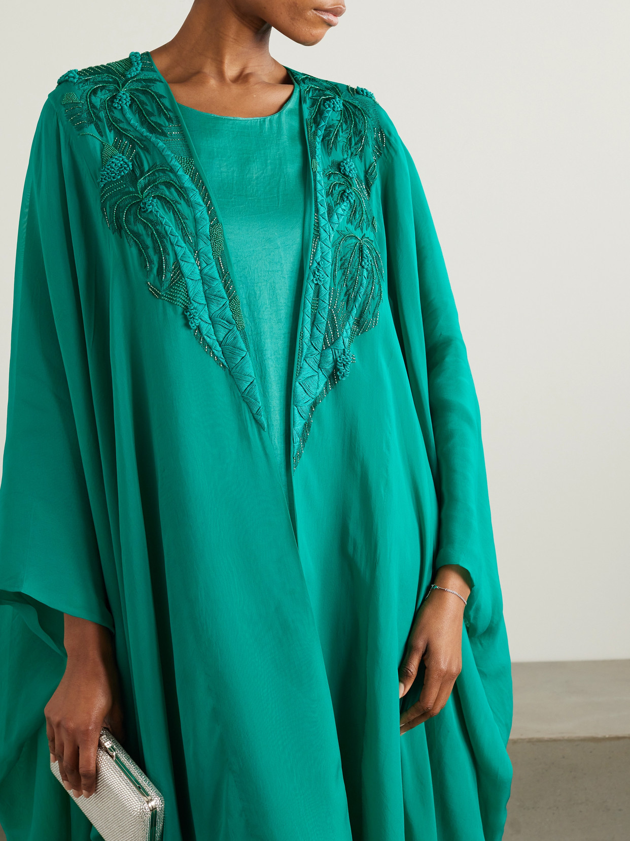 Shatha Essa Embellished Embroidered Silk-blend Chiffon And Satin Gown And Cape Set In Green