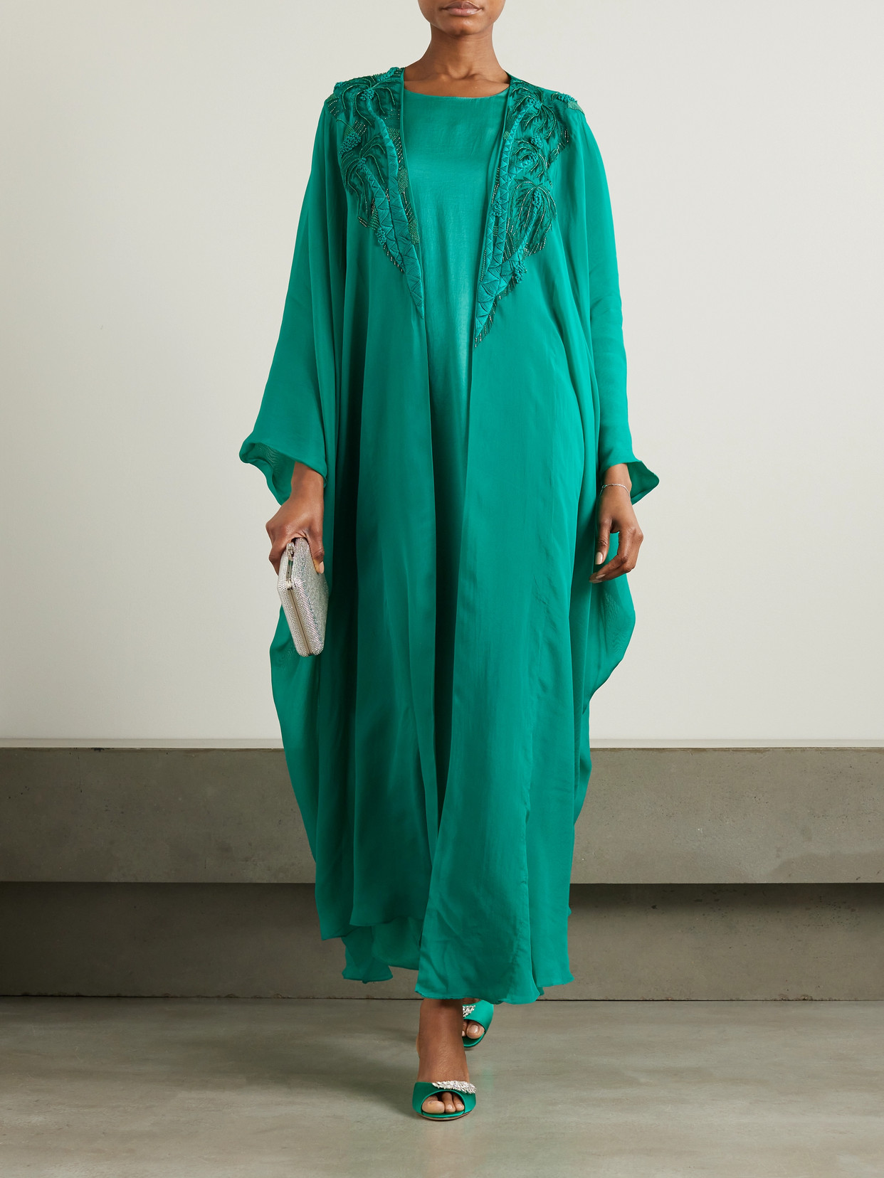 Shatha Essa Embellished Embroidered Silk-blend Chiffon And Satin Gown And Cape Set In Green