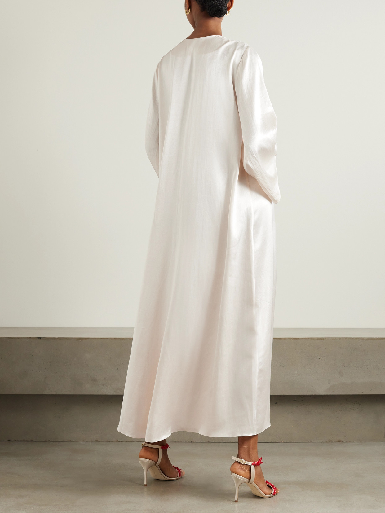 Shatha Essa Cape-effect Embellished Embroidered Silk And Cotton-blend Satin Gown In Silver