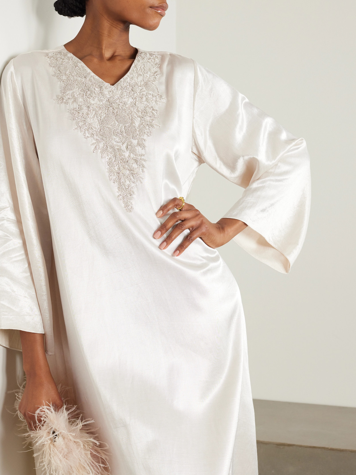 Shop Shatha Essa Cape-effect Embellished Embroidered Silk And Cotton-blend Satin Gown In Silver