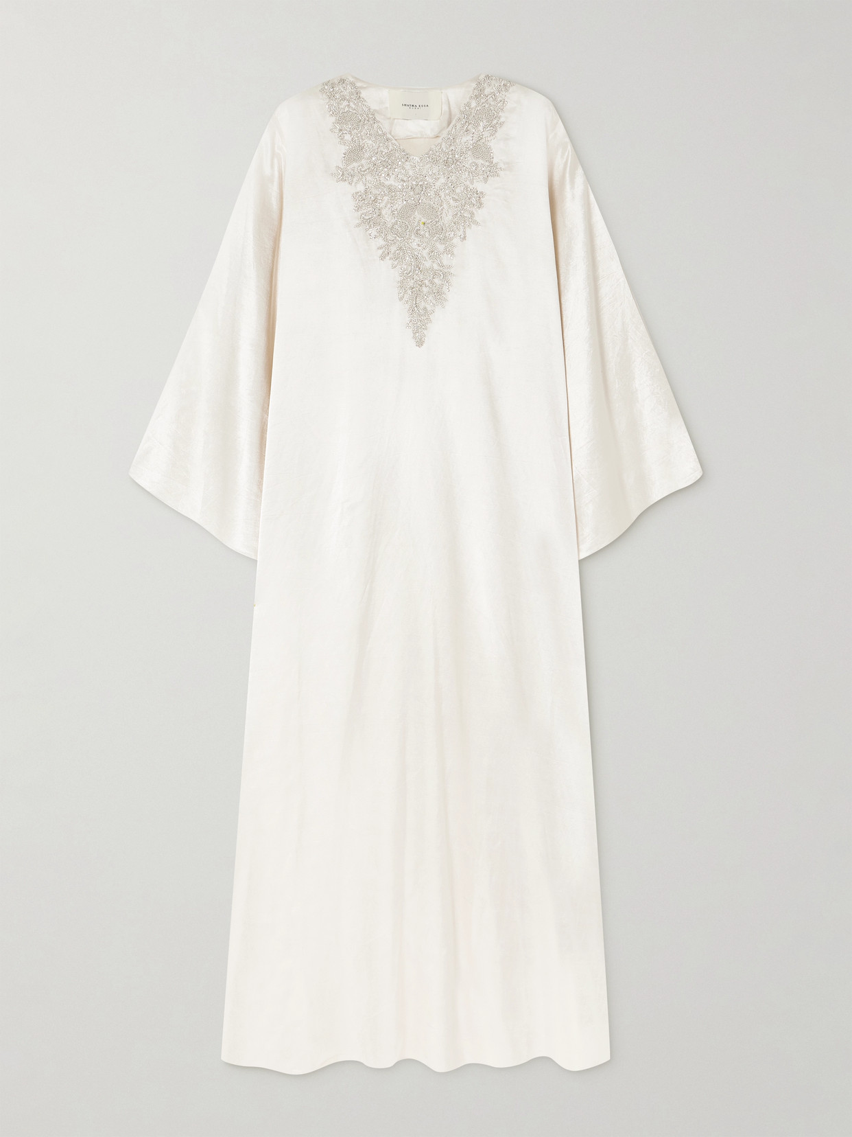 Shatha Essa Cape-effect Embellished Embroidered Silk And Cotton-blend Satin Gown In Silver