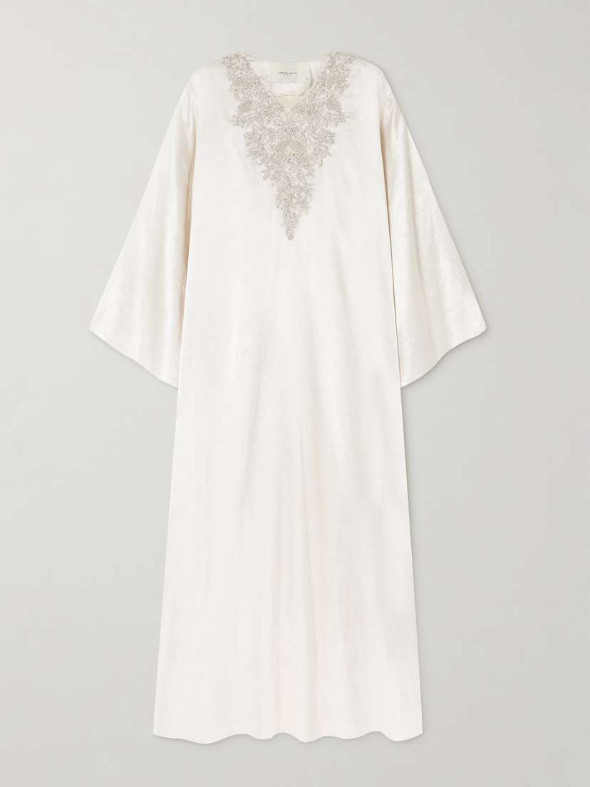 Shatha Essa Cape-effect Embellished Embroidered Silk And Cotton-blend Satin Gown