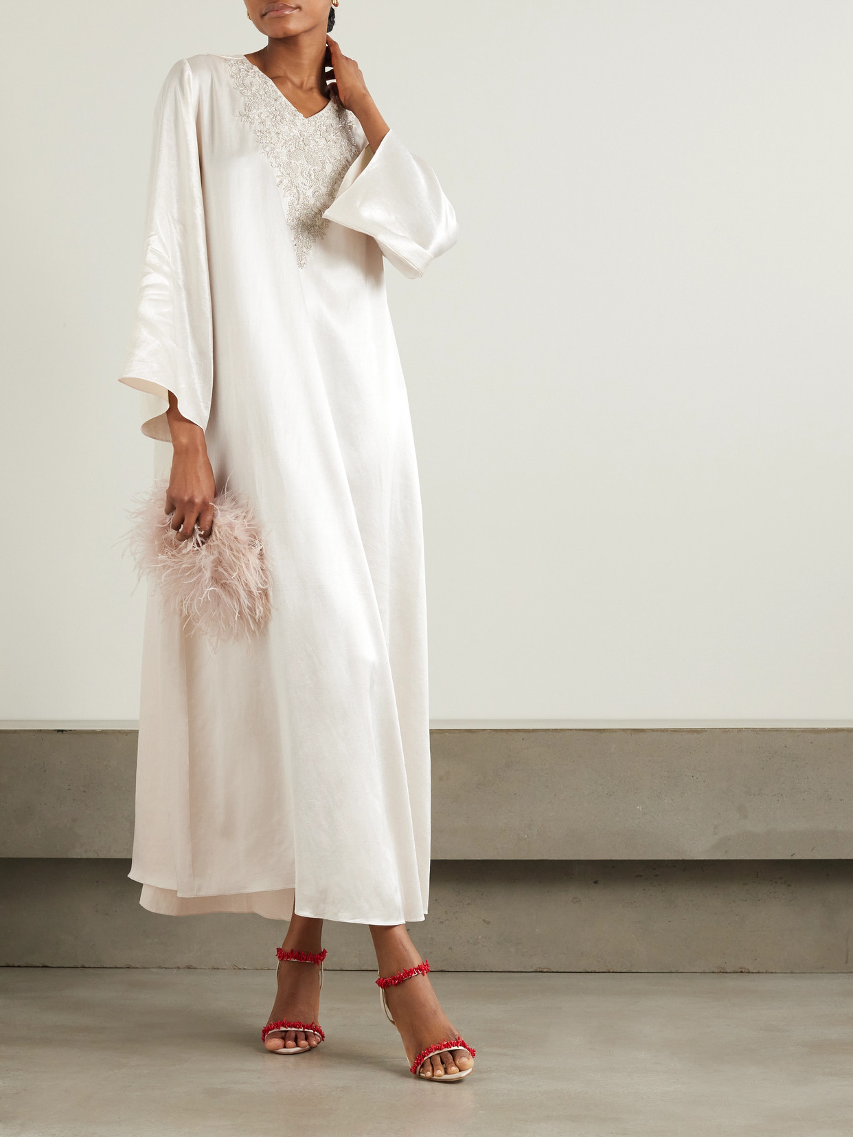 Shatha Essa Cape-effect Embellished Embroidered Silk And Cotton-blend Satin Gown In Silver