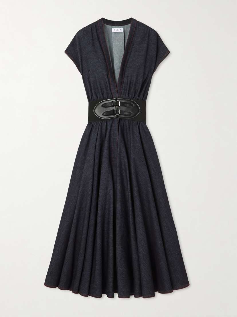Alaïa Belted Denim Midi Wrap Dress