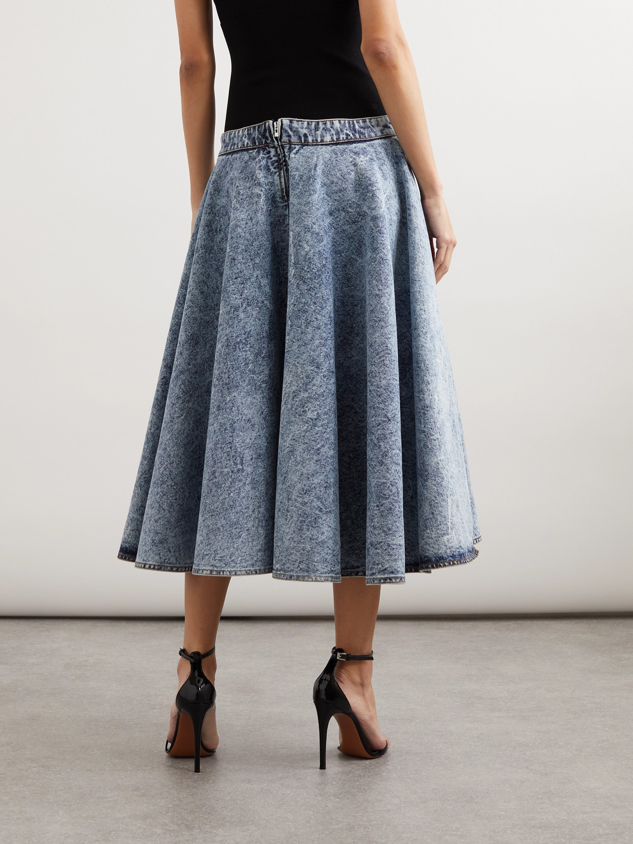 Alaïa Stretch-knit And Pleated Denim Midi Skirt In Blue
