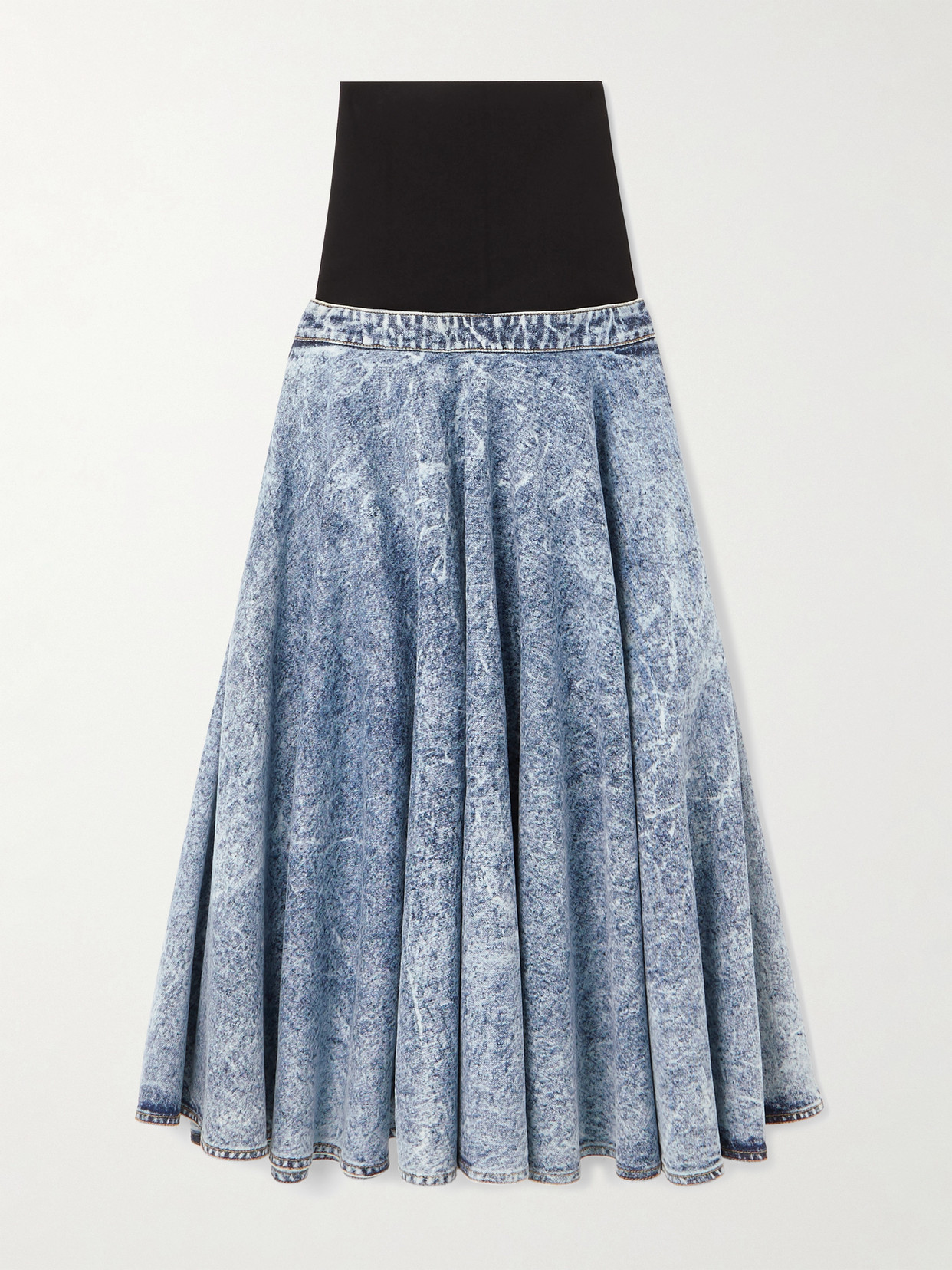 Alaïa Stretch-knit And Pleated Denim Midi Skirt In Blue