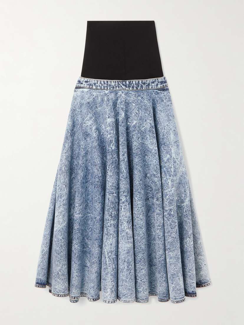 Alaïa Stretch-knit And Pleated Denim Midi Skirt