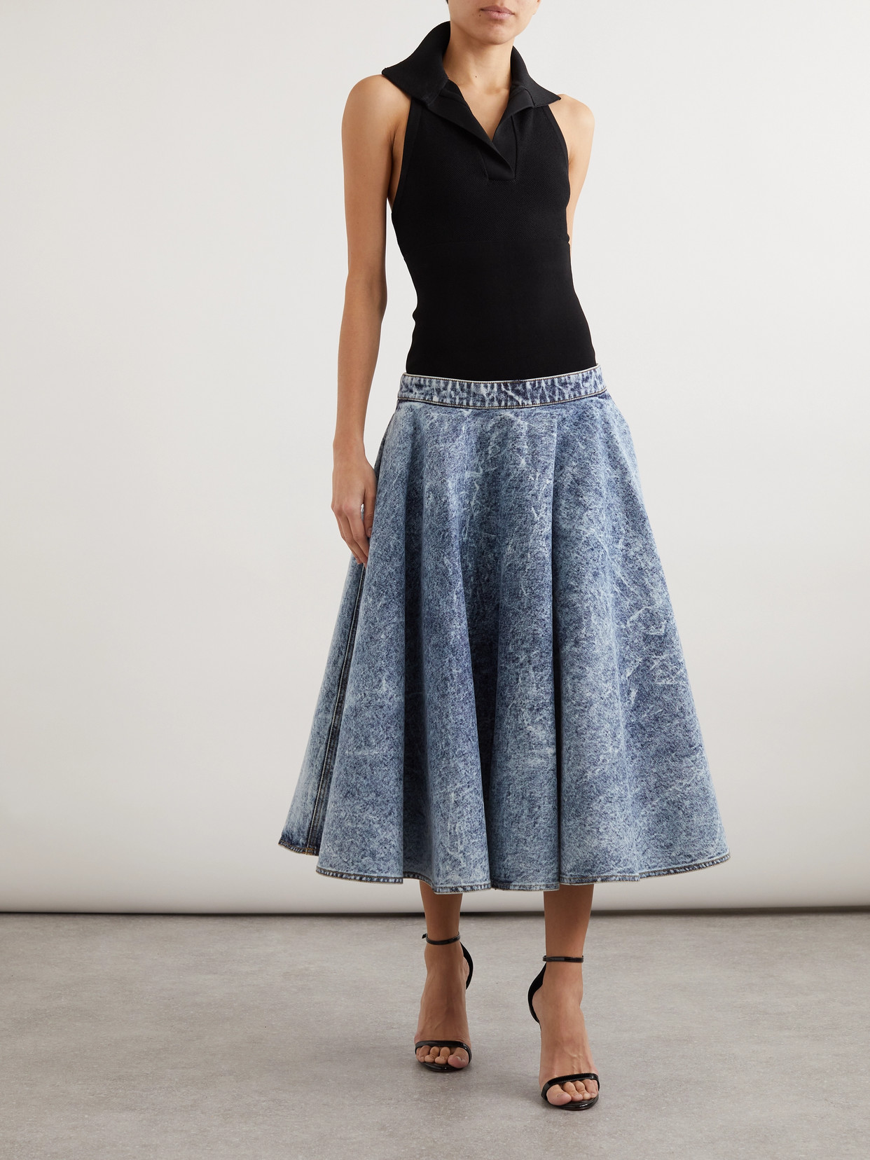 Alaïa Stretch-knit And Pleated Denim Midi Skirt In Blue