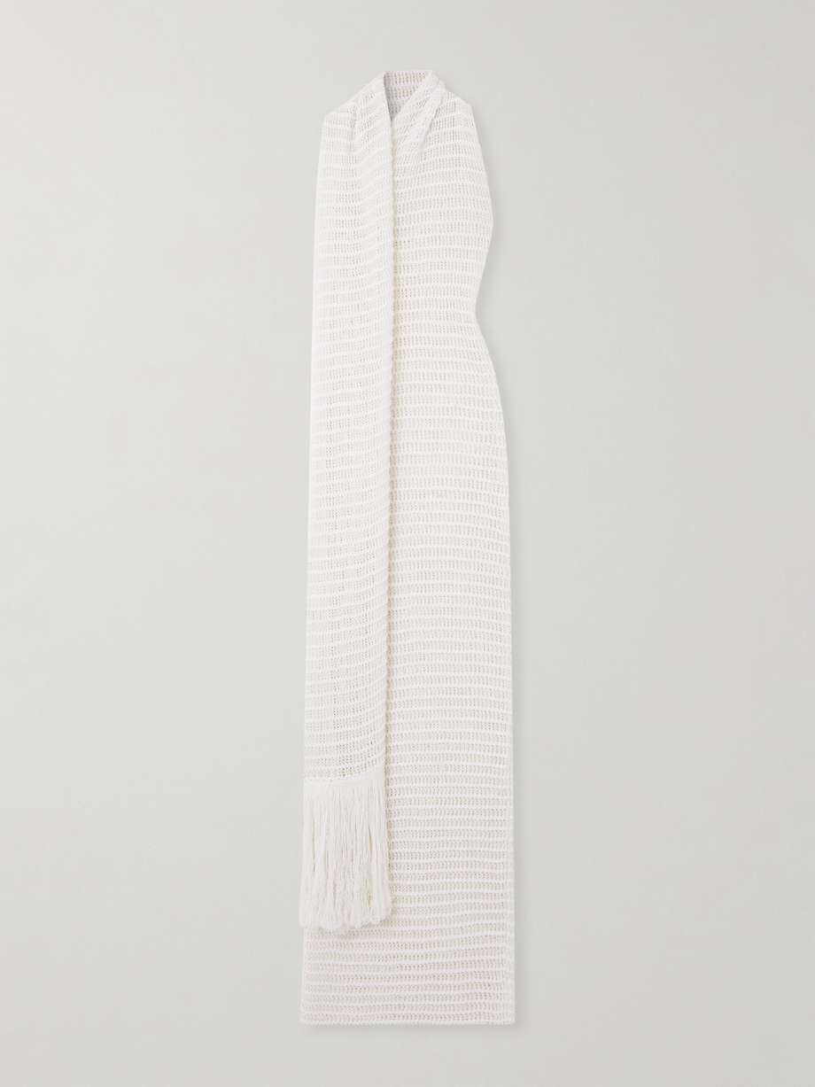fringed draped open-knit maxi dress