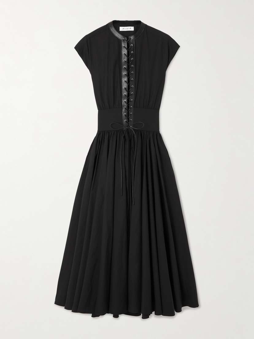 Alaïa Belted Leather-trimmed Cotton Midi Dress