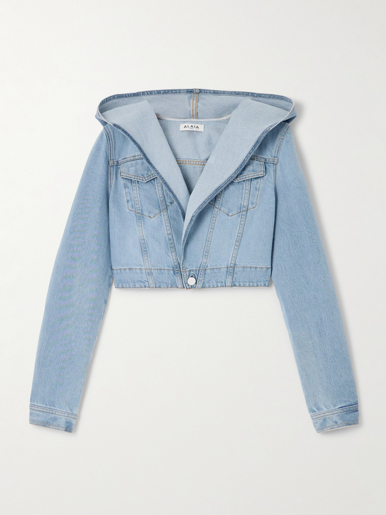 Alaïa Hooded Denim Jacket With Cinched Waist In Blue