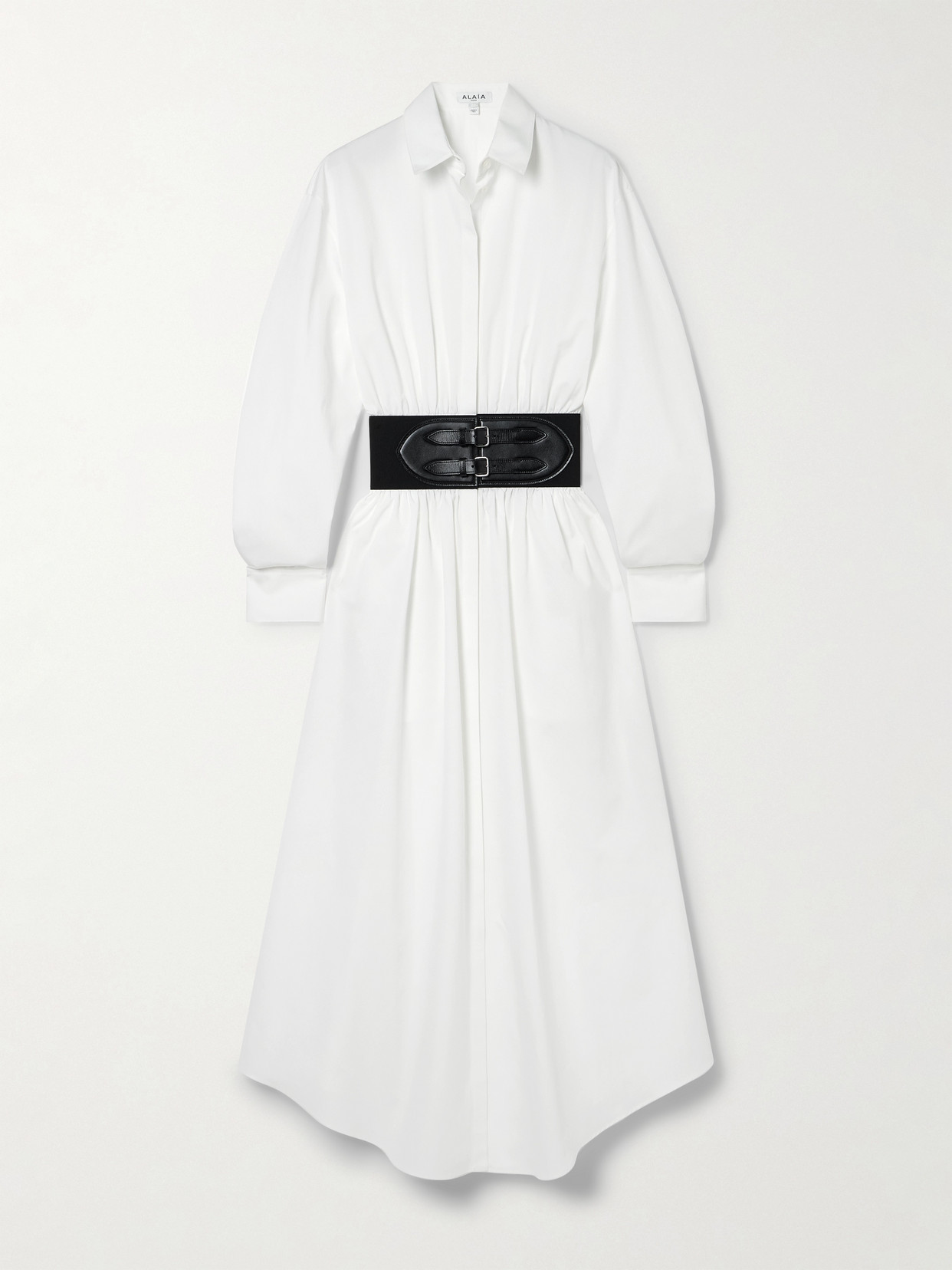 Alaïa Belted Leather-trimmed Cotton-poplin Midi Shirt Dress In White