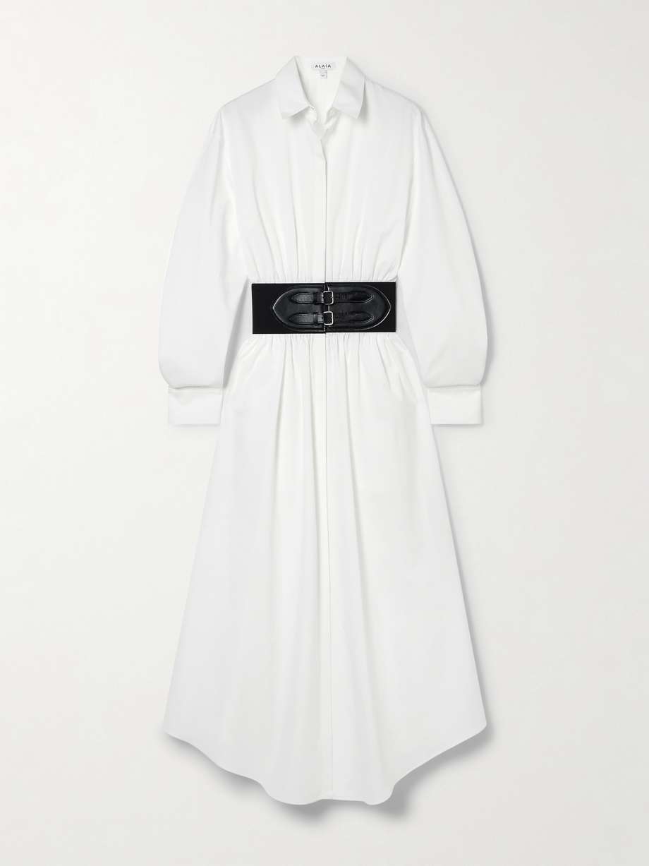 belted leather-trimmed cotton-poplin midi shirt dress