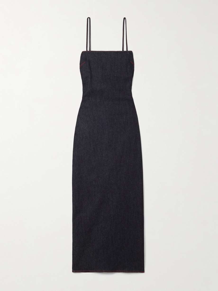 gathered denim maxi dress