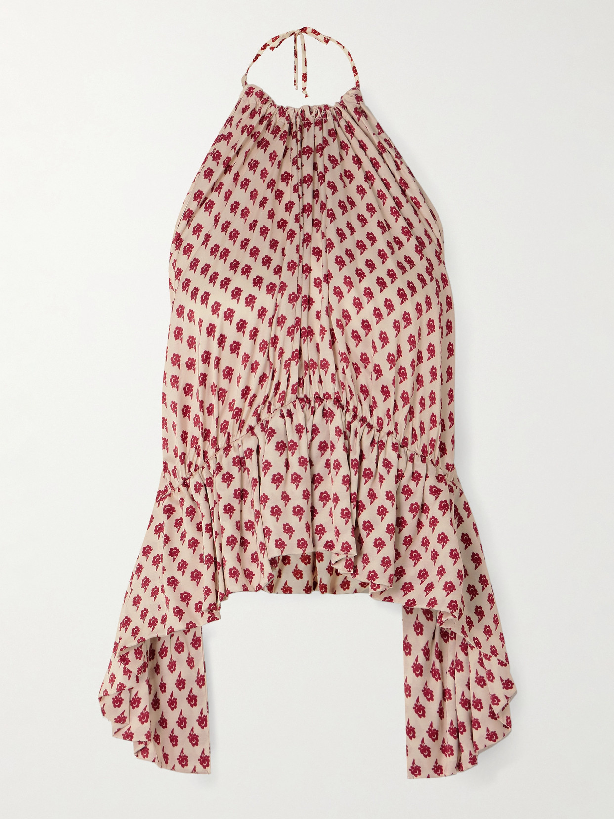Liberowe Dhalia Gathered Printed Satin Halterneck Peplum Top In Red