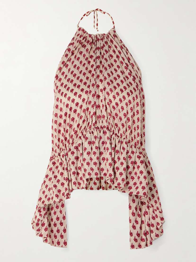 LIBEROWE Dhalia Gathered Printed Satin Halterneck Peplum Top