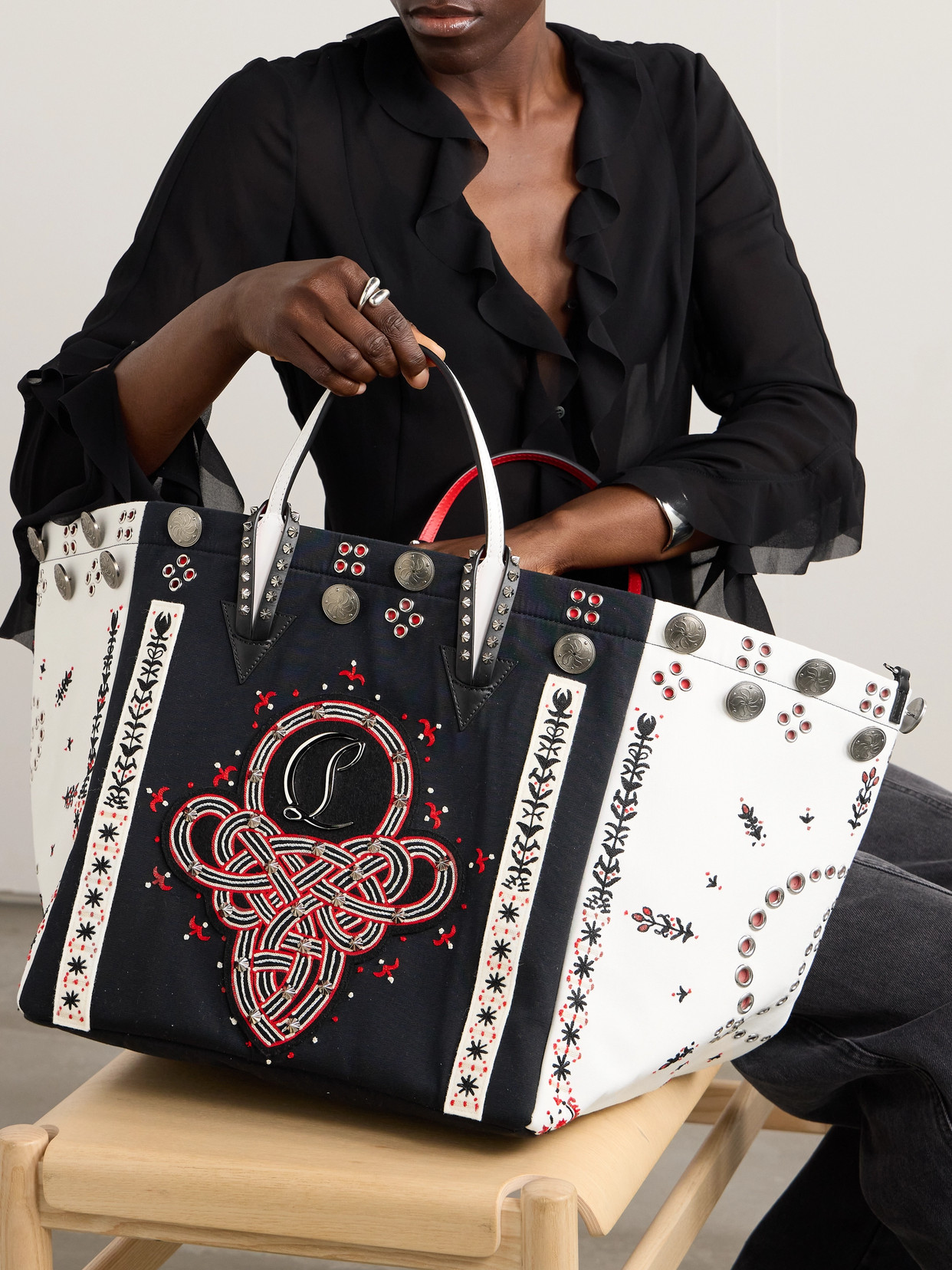 Christian Louboutin Breizcaba Embellished Felt And Leather-trimmed Faille Tote In Black
