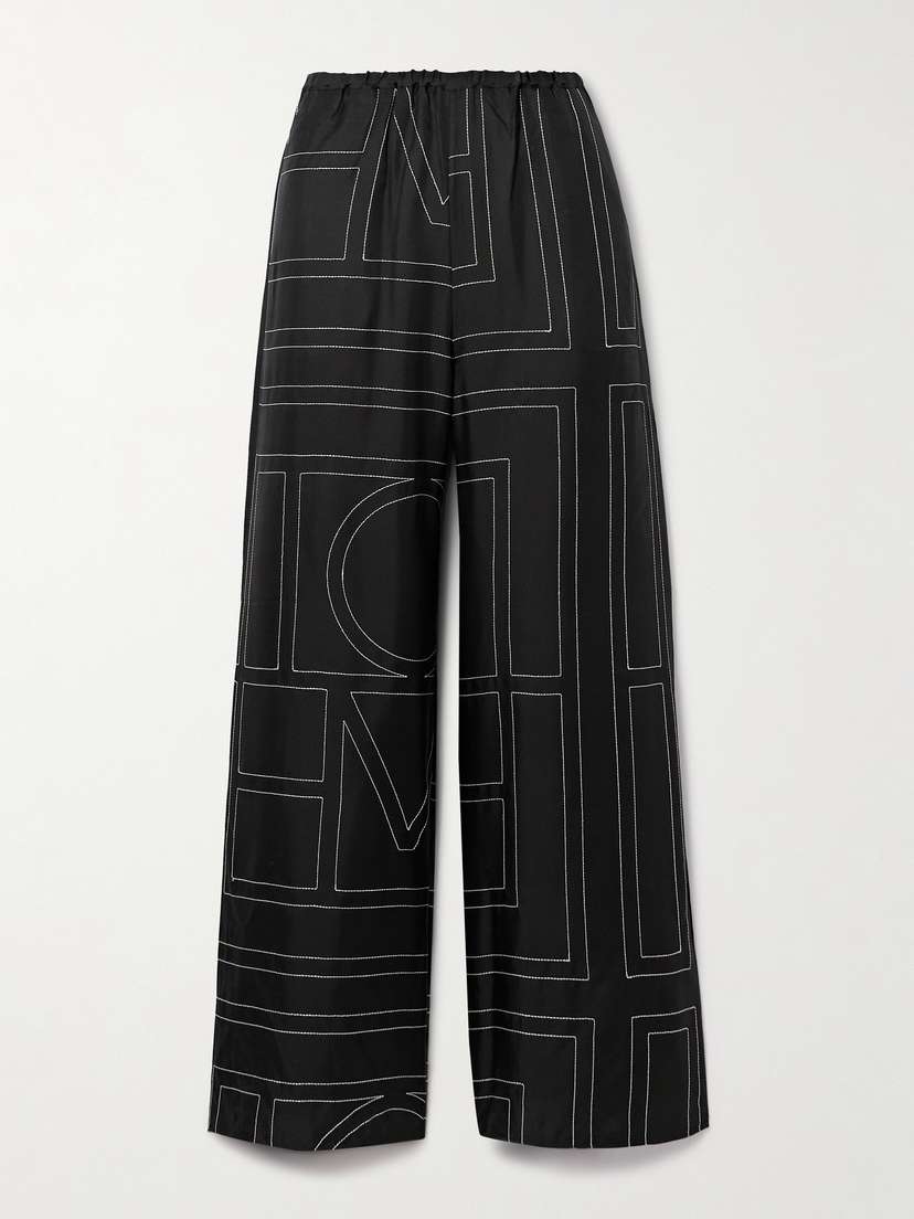 TOTEME Embroidered Silk-twill Wide-leg Pants