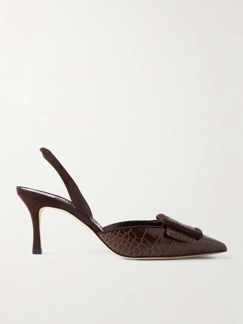 Manolo Blahnik Mayslibi 70 Buckled Suede-trimmed Croc-effect Leather Slingback Pumps