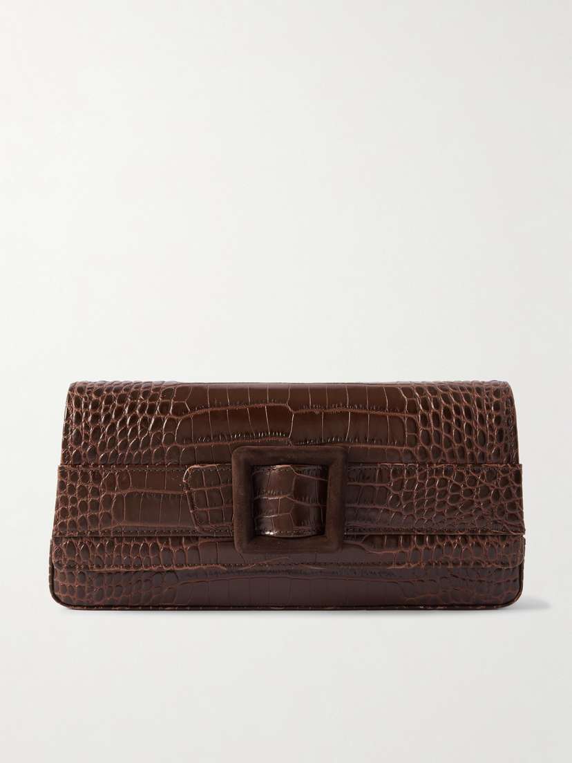 Manolo Blahnik Maygot Suede-trimmed Croc-effect Leather Clutch