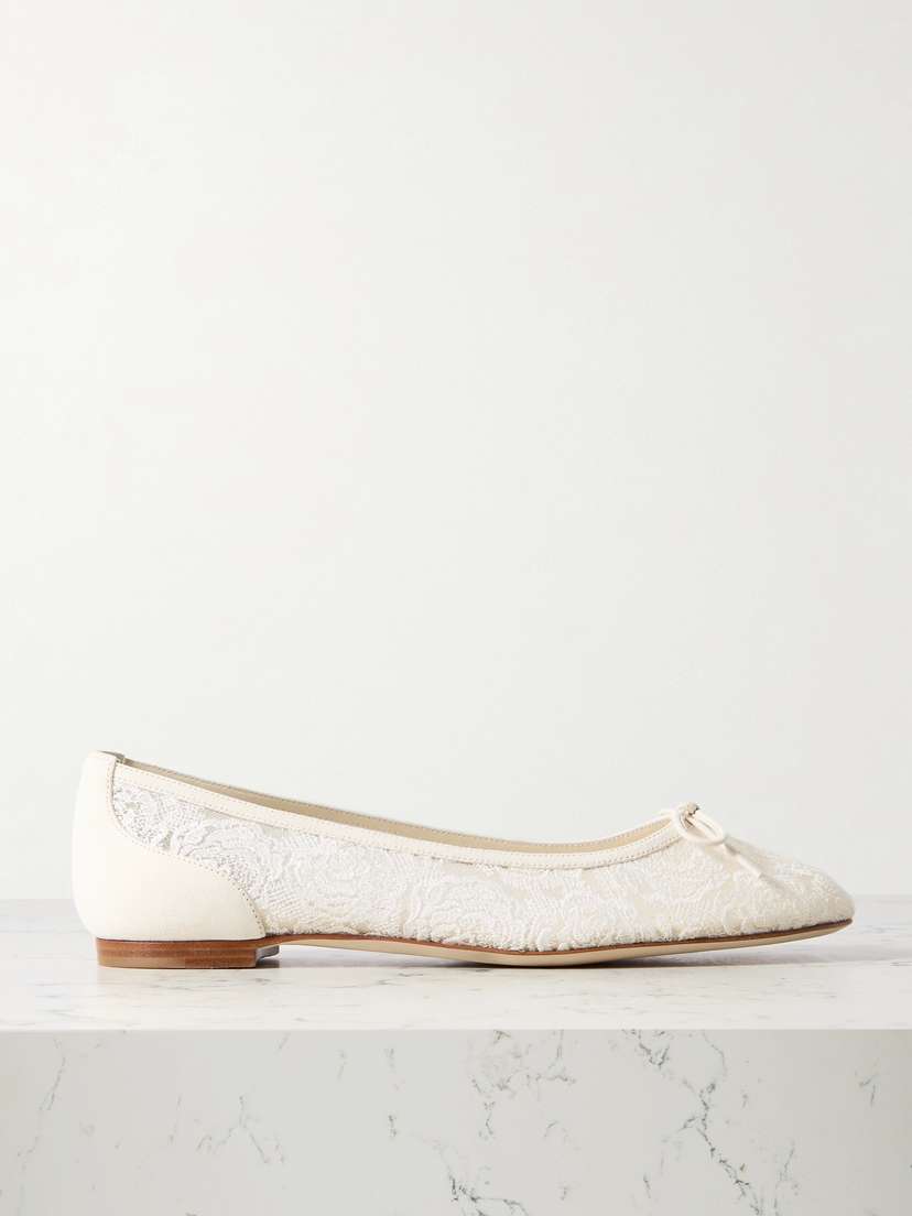 Manolo Blahnik Verizzo Bow-detailed Suede-trimmed Cotton-blend Lace Ballet Flats