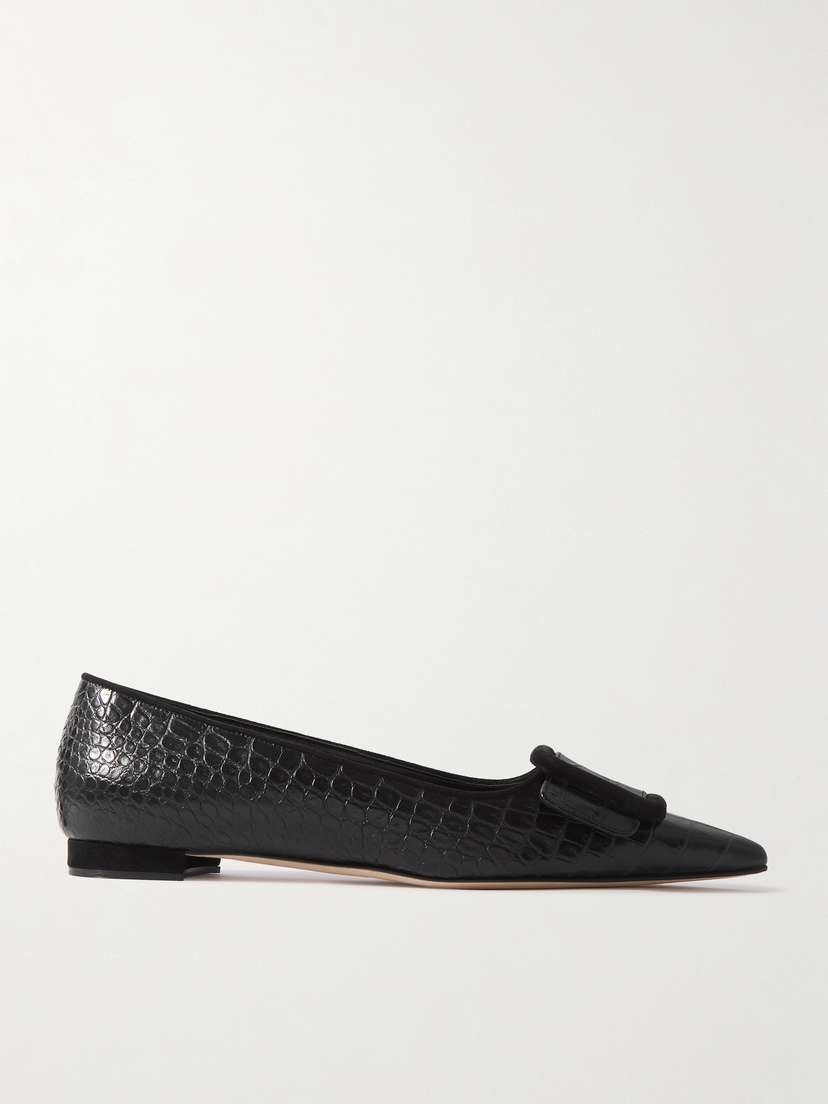 Manolo Blahnik Maysale 10 Buckled Suede-trimmed Croc-effect Leather Point-toe Flats