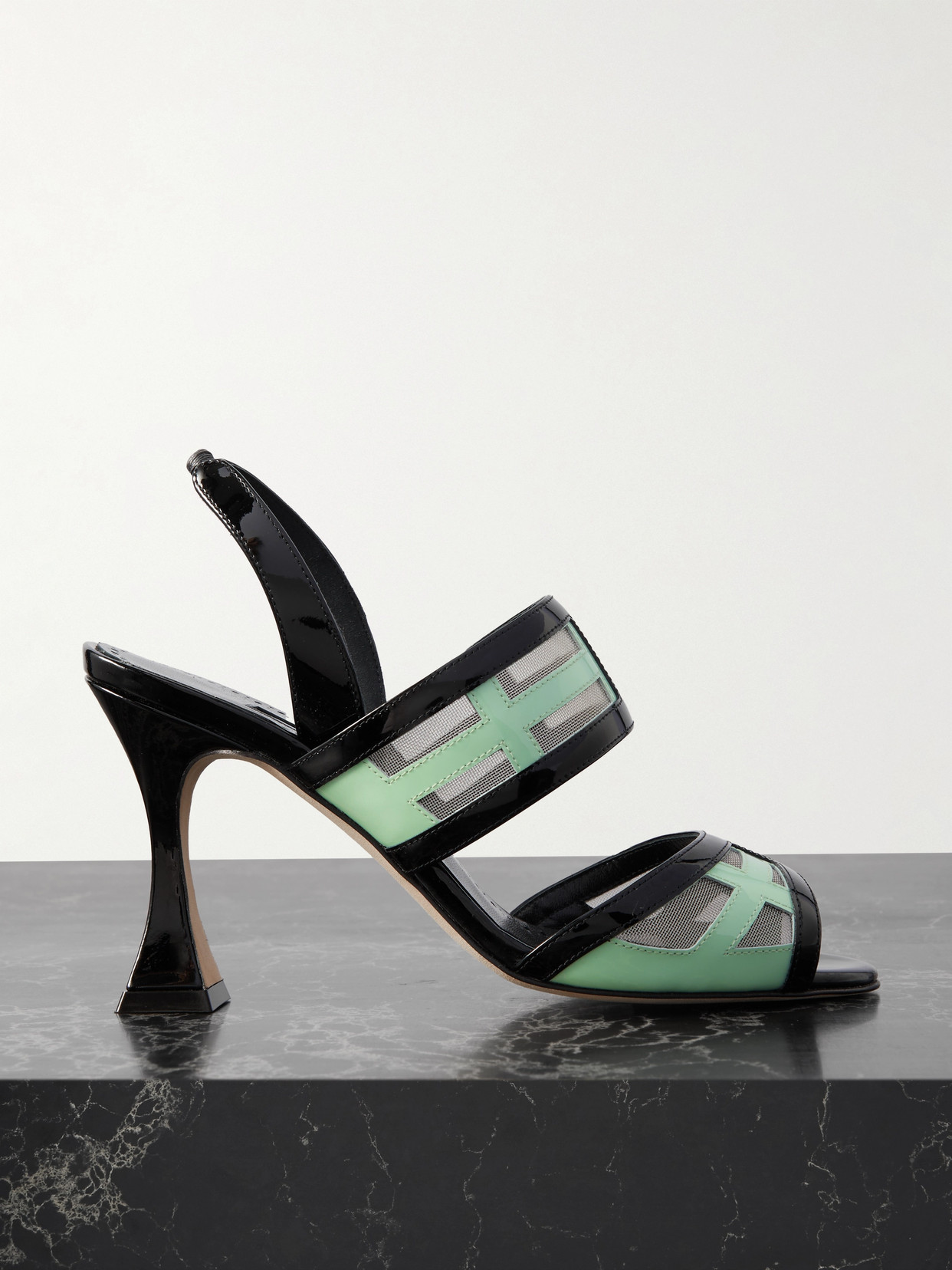 Manolo Blahnik Avespa 90 Mesh-trimmed Patent-leather Slingback Mules In Black
