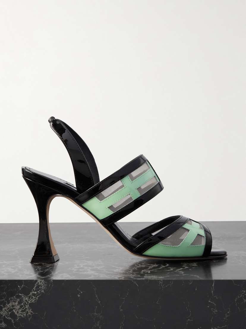 Manolo Blahnik Avespa 90 Mesh-trimmed Patent-leather Slingback Mules