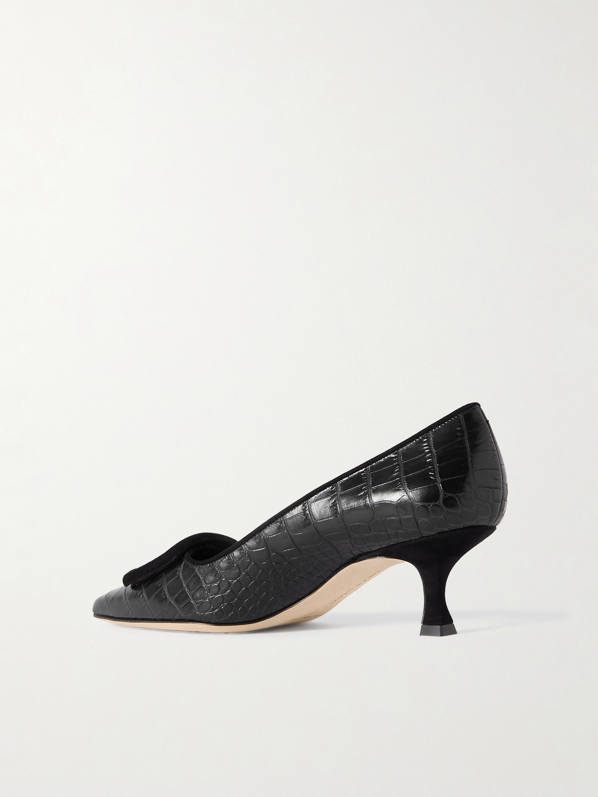 MANOLO BLAHNIK Maysale 50 buckled suede-trimmed croc-effect leather point-toe pumps