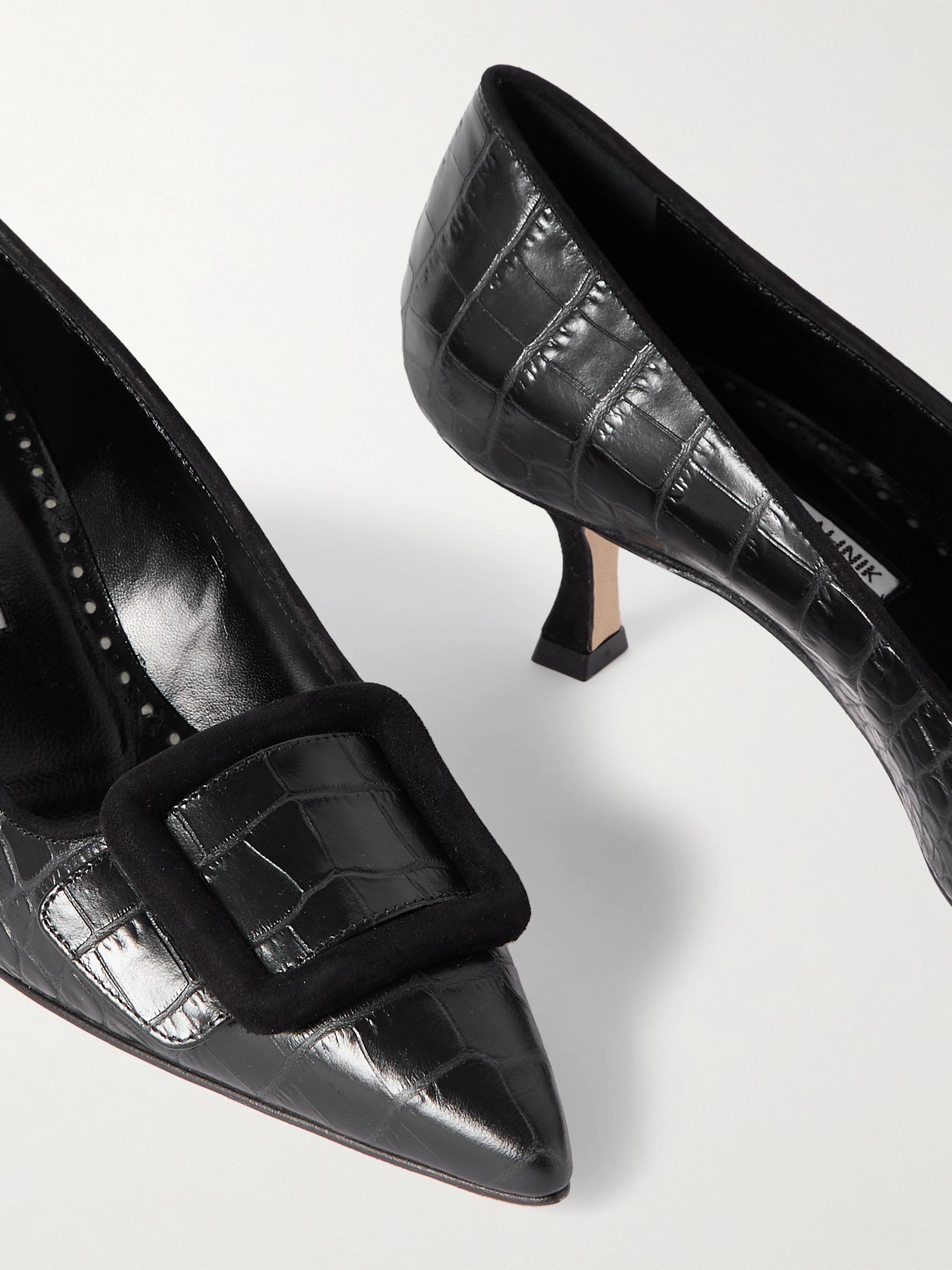 MANOLO BLAHNIK Maysale 50 buckled suede-trimmed croc-effect leather point-toe pumps