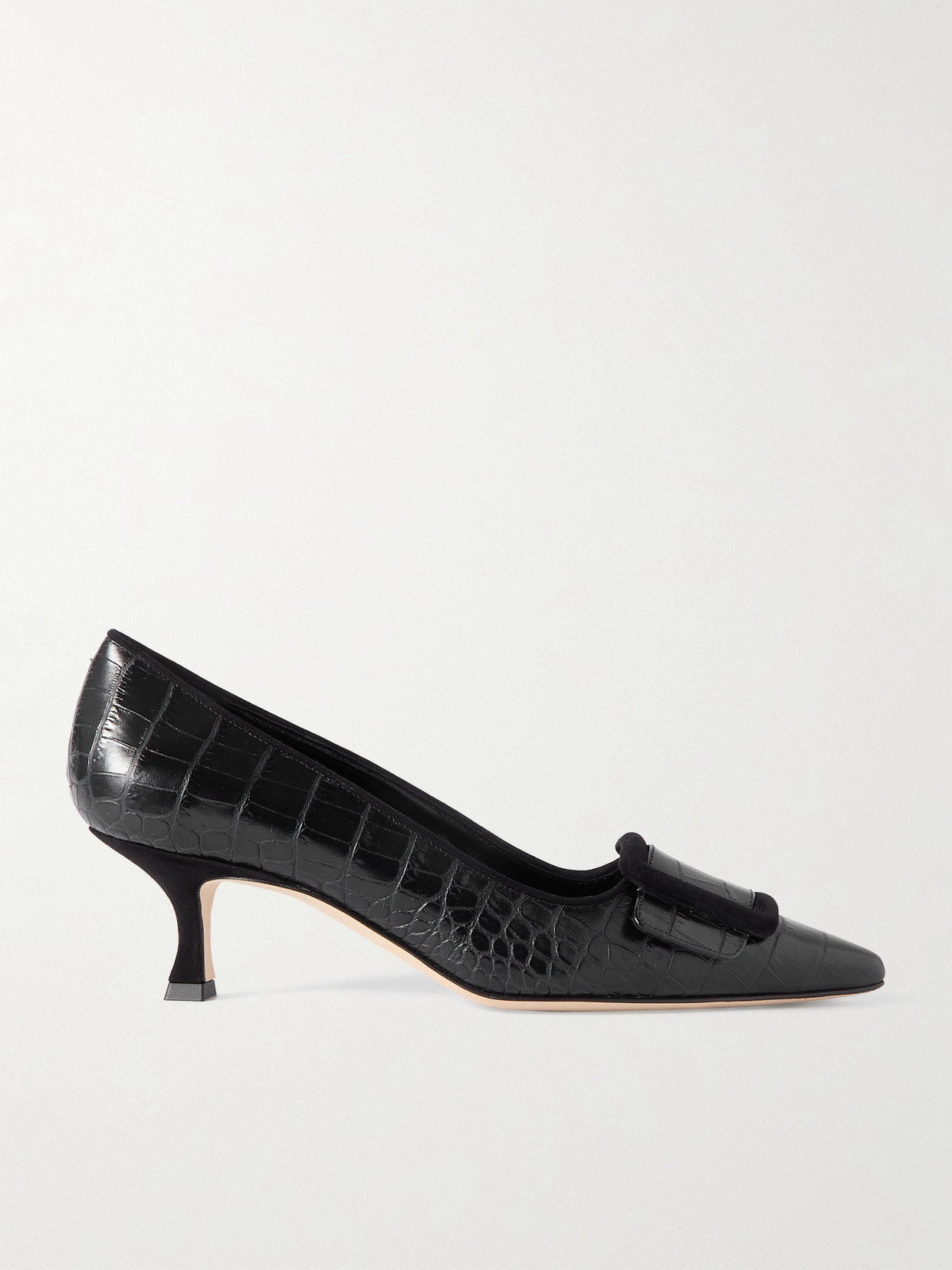Manolo Blahnik Maysale 50 Buckled Suede-trimmed Croc-effect Leather Point-toe Pumps In Black