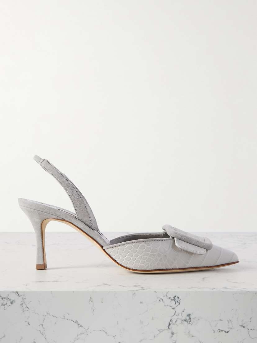 Manolo Blahnik Mayslibi 70 Buckled Suede-trimmed Croc-effect Leather Slingback Pumps