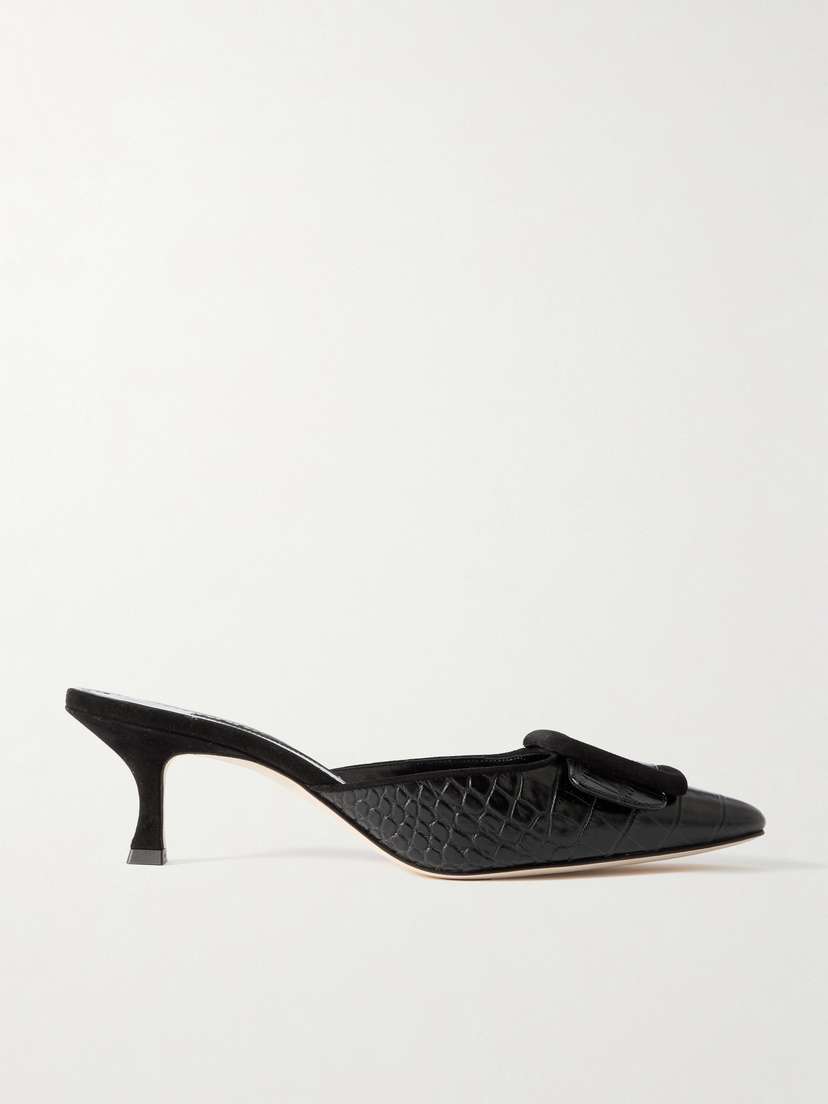 Manolo Blahnik Maysalebi 50 Suede-trimmed Croc-effect Leather Mules