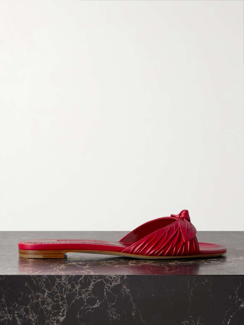 Manolo Blahnik Lolloflat Bow-embellished Gathered Leather Sandals