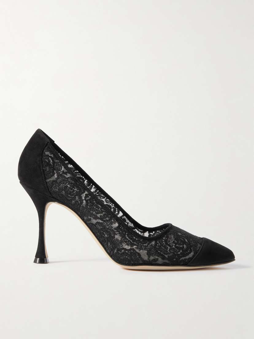 Manolo Blahnik Sololaria 90 Suede-trimmed Lace Pumps