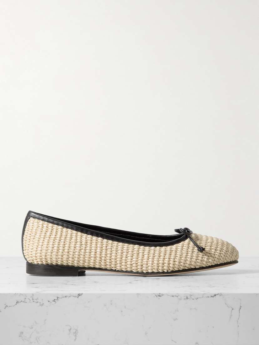 Manolo Blahnik Veralli Leather-trimmed Raffia Ballet Flats