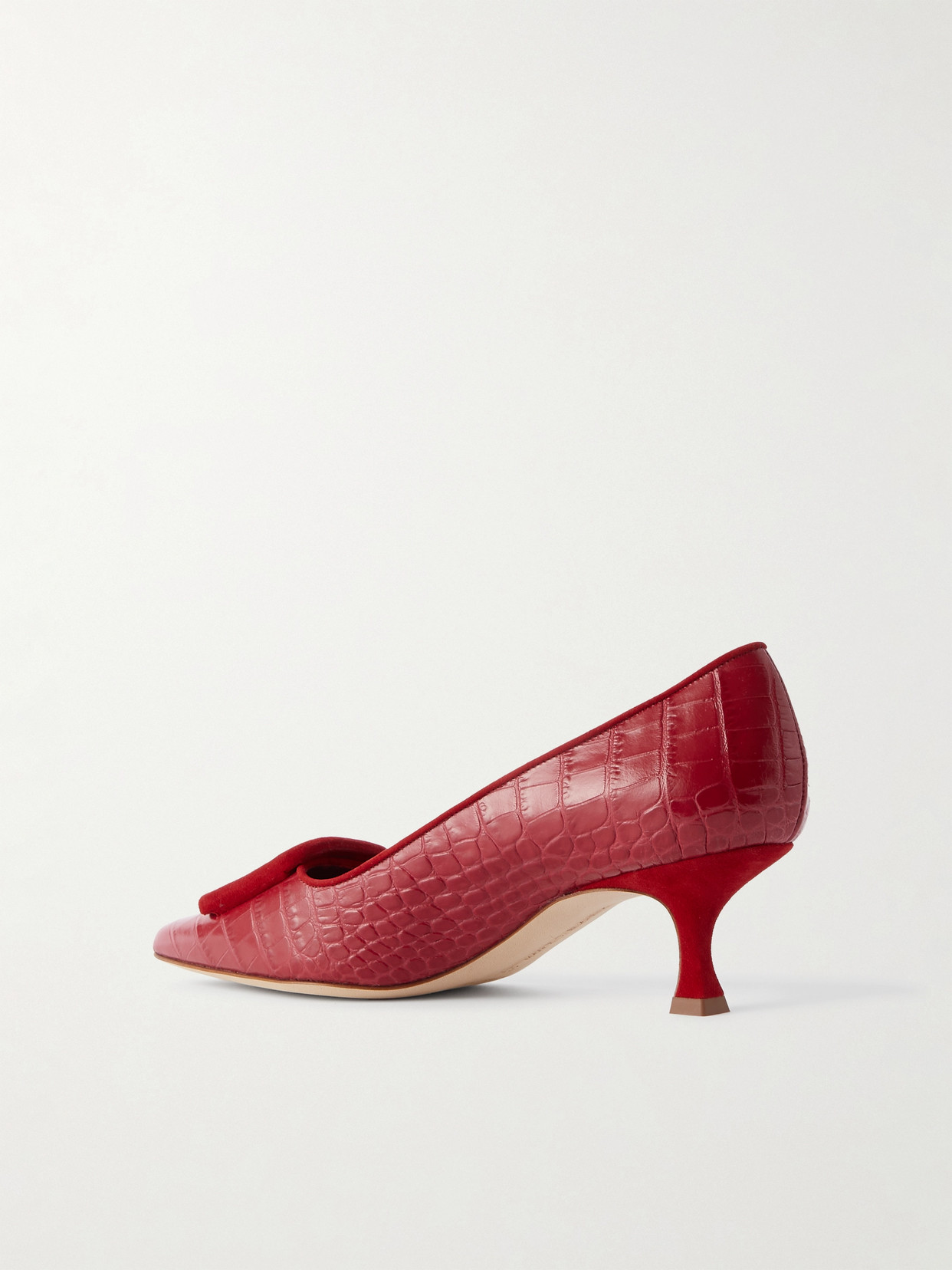 Manolo Blahnik Maysale 50 Buckled Suede-trimmed Croc-effect Leather Pumps In Red