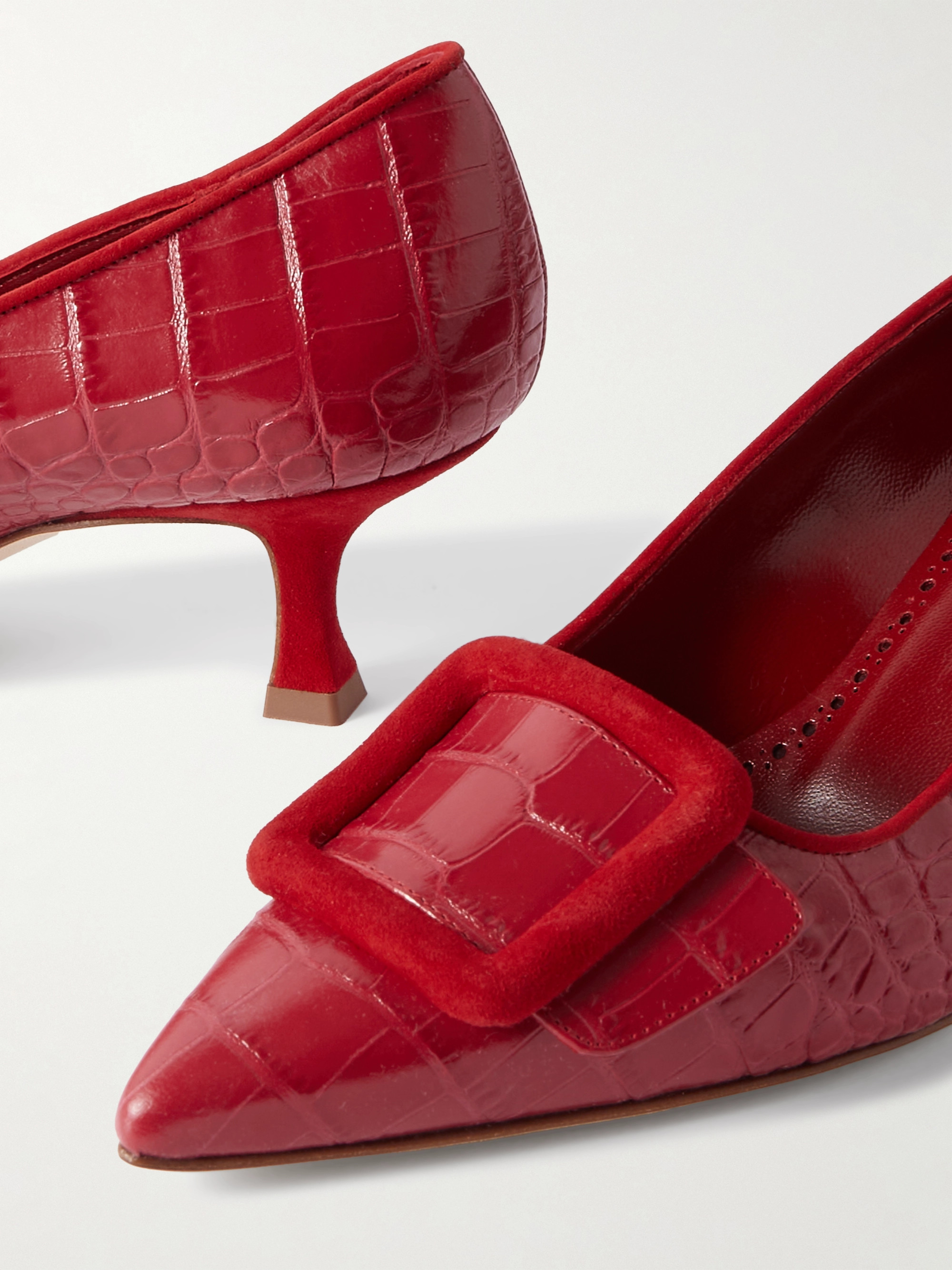 MANOLO BLAHNIK Maysale 50 buckled suede-trimmed croc-effect leather pumps thumbnail