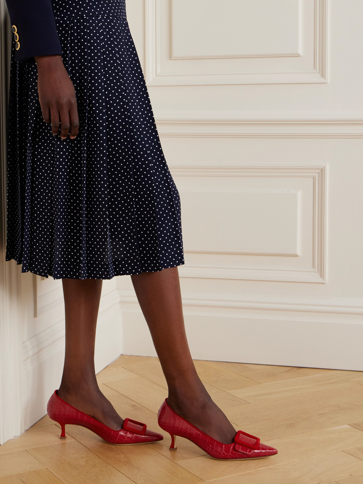 Manolo Blahnik Maysale 50 Buckled Suede-trimmed Croc-effect Leather Pumps In Red