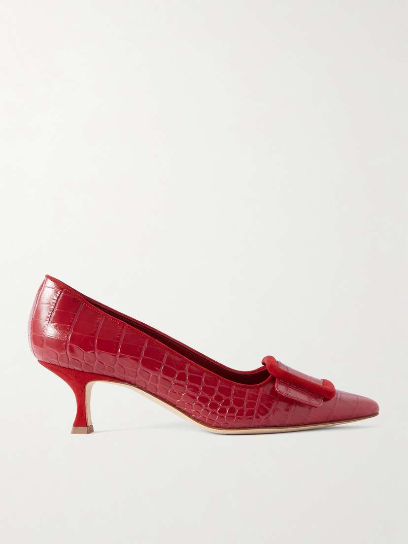 Manolo Blahnik Maysale 50 Buckled Suede-trimmed Croc-effect Leather Pumps