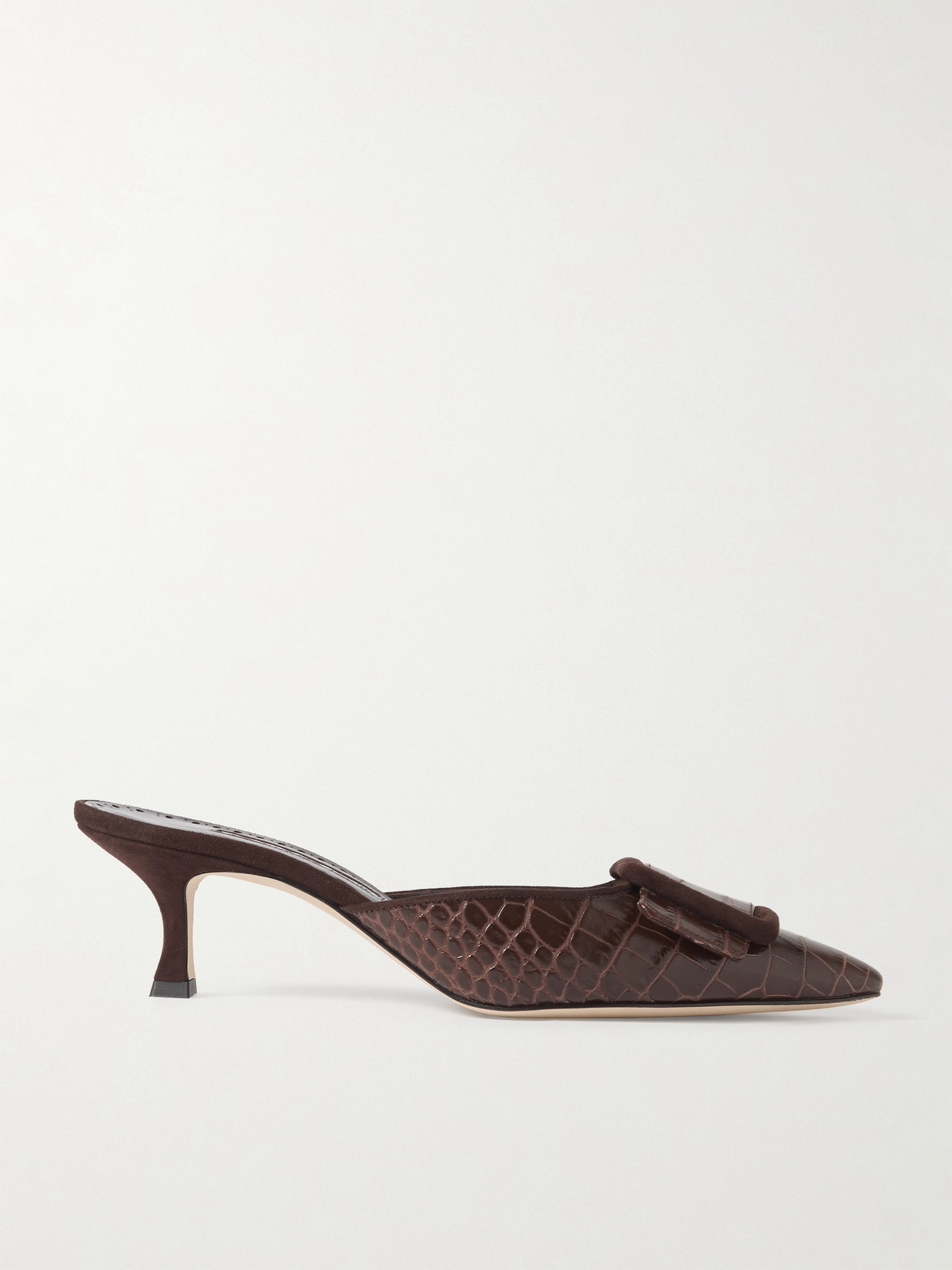 Manolo Blahnik - Maysalebi 50 Suede-trimmed Croc-effect Leather Mules - Brown