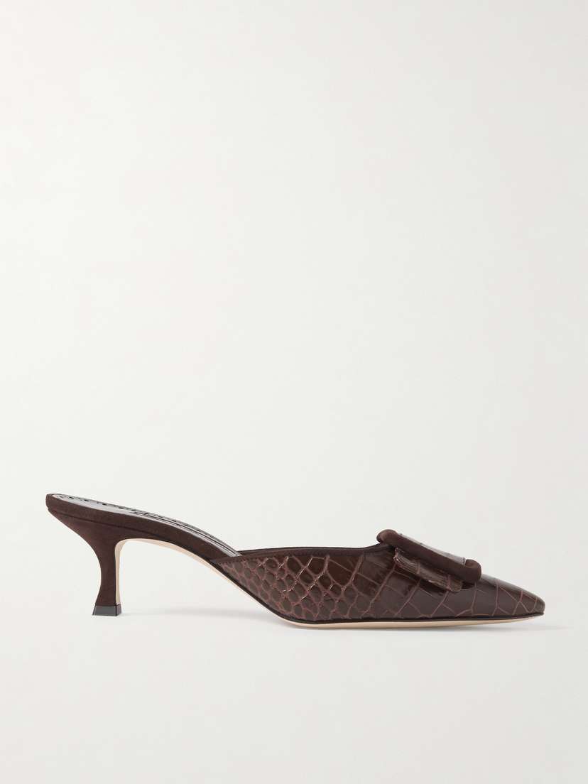 Manolo Blahnik Maysalebi 50 Suede-trimmed Croc-effect Leather Mules
