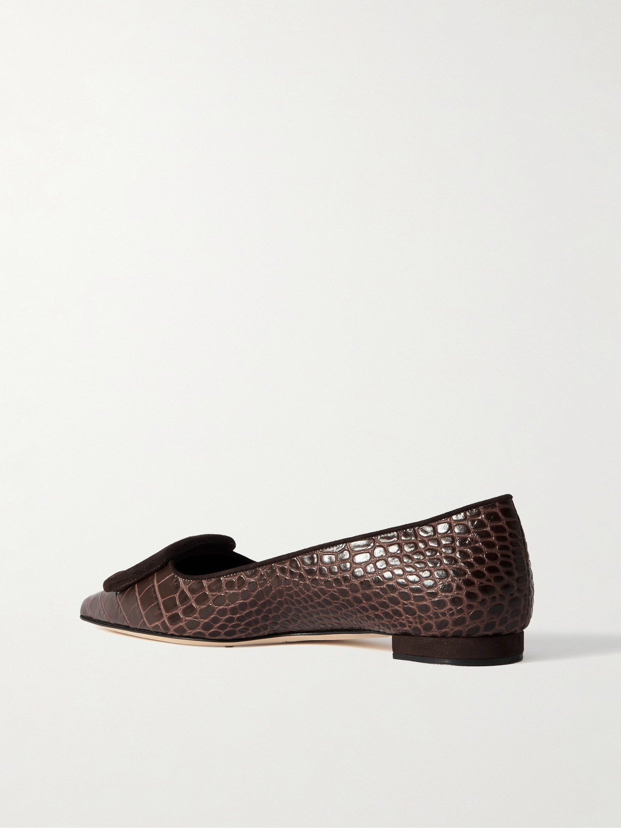 Manolo Blahnik Maysale 10 Buckled Suede-trimmed Croc-effect Leather Point-toe Flats In Brown